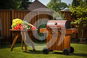 Outdoor barbecue grill with wood fire pit in backyard with picket fence on sunny day