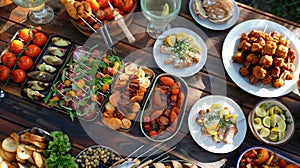 Outdoor barbecue party spread on wooden table