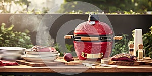 Outdoor BBQ with Red Grill and Grilled Meat in a Lush Garden Setting photo