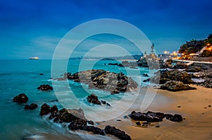 Outdoor beautiful view of Pacific rocky coast in Vina del Mar, Chile