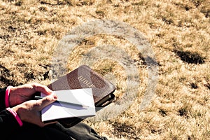 Outdoor Bible study during mountain hike in the fall