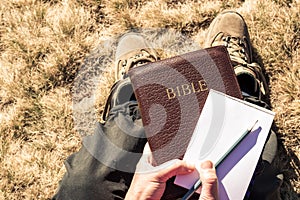 Outdoor Bible study during mountain hike in the fall