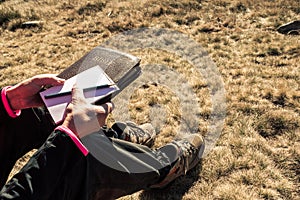 Outdoor Bible study during mountain hike in the fall