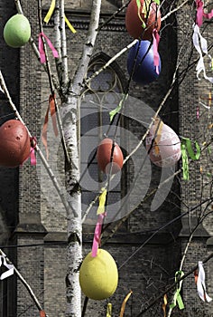 Outdoor Birch Tree decorated with colorful Easter Eggs