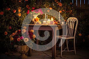 outdoor bistro set with candlelight and fresh flowers for a romantic setting