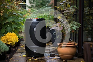 Outdoor Black rain barrel sitting outside. Generate ai