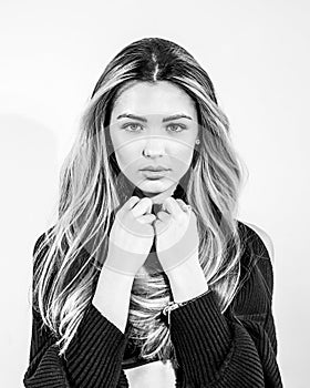 Outdoor black and white shot of young beautiful woman with long hair