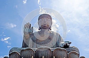 Outdoor bronze statue of seated Tian Tan Buddha in Hong Kong