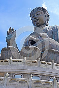Outdoor bronze statue of seated Tian Tan Buddha in Hong Kong