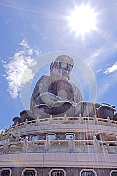 Outdoor bronze statue of seated Tian Tan Buddha in Hong Kong