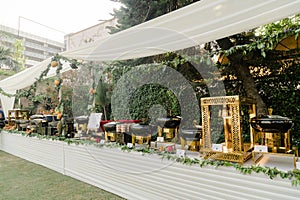 Outdoor buffet featuring a variety of vibrant colored dishes set up at an outdoor event venue