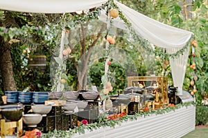Outdoor buffet featuring a variety of vibrant colored dishes set up at an outdoor event venue