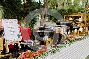 Outdoor buffet featuring a variety of vibrant colored dishes set up at an outdoor event venue