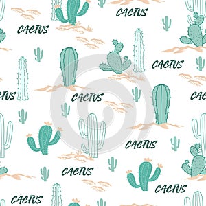 Outdoor Cactus Tree Desert Forest Vector Seamless Pattern