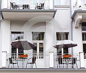 Outdoor cafe and building facade, Karlovy Vary