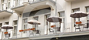 Outdoor cafe and building facade, Karlovy Vary