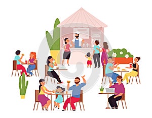 Outdoor cafe. Summer park table, girl drinks coffee. Food and conversation, flat couple lunch in restaurant. Cartoon