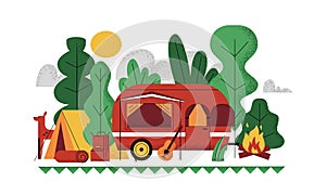 Outdoor camp background. Doodle picnic summer scene with caravan tent. Tourist automobile van. Forest or bonfire. Camping vacation