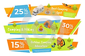 Outdoor camping and hiking adventure advertising banner collection vector flat illustration