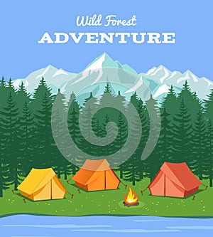 Outdoor camping. Nature background with river and forest, mountains camp tent vector illustration