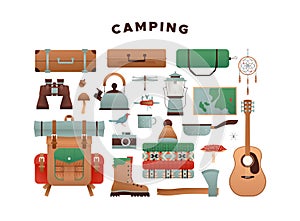 Outdoor camping vacation icon set