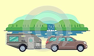Outdoor car camper travel concept. Offroad suv landscape.