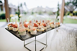 Outdoor catering servise - appetizers on wedding ceremony