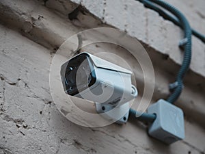 Outdoor CCTV camera mounted on the wall of an old brick house. New camera with protective films on the lens. Video surveillance on