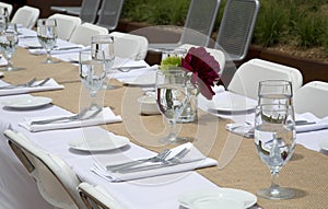 Outdoor celebration lunch with tables and dishware