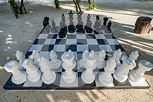 Outdoor Chess Game at Big Chequer Board. Super big size of black and white chess game pieces