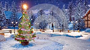 Outdoor Christmas tree at snowfall winter night