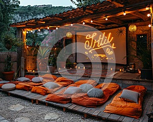 Outdoor cinema with bean bags and a projector under the stars