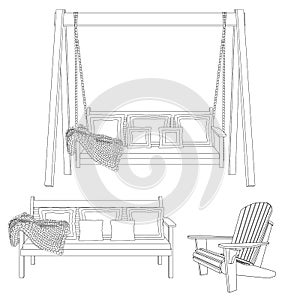 Outdoor classic wooden furniture - swing, bench and adirondack chair. Outline illustration on white background.