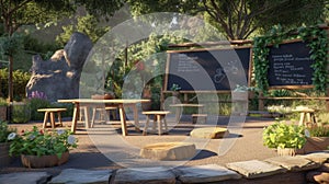 Outdoor classroom with benches, chalkboard for experiential learning. AI generated