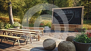 Outdoor classroom with benches, chalkboard for experiential learning. AI generated
