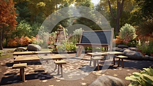 Outdoor classroom with benches, chalkboard for experiential learning. AI generated