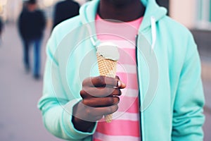 Outdoor closeup fashion portrait of young hipster black man eating ice cream in summer hot weather. AI generated