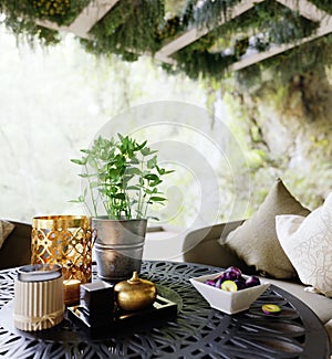 Outdoor closeup with table and chairs photo