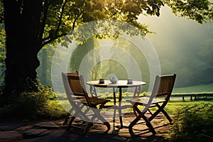 Outdoor comfort Wooden table and chairs harmonize with forest ambiance