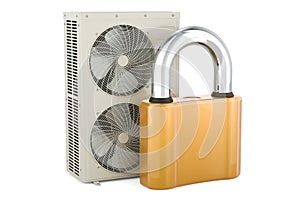 Outdoor Compressor Multi-Zone Unit, Air Conditioner with padlock, 3D rendering