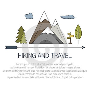 Outdoor concept. Hiking and travel icons with open paths. Vector