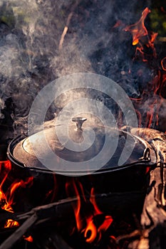 Outdoor Cooking with an cast iron pot on a open fire