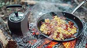 Outdoor cooking: scrambled eggs and bacon on campfire with kettle