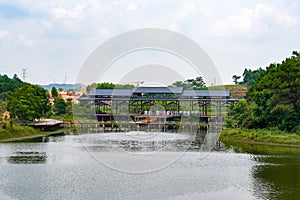 Outdoor countryside fish pond pool and house plant landscape