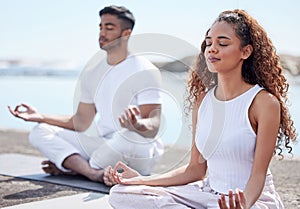 Outdoor, couple and lotus pose for meditation, mindfulness and holistic wellness beach. People, man and woman with zen