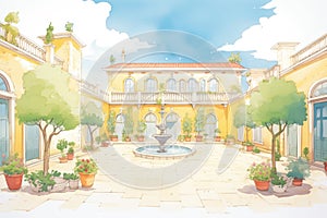 outdoor courtyard of an italianate mansion showing a belvedere, magazine style illustration