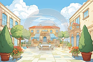 outdoor courtyard of an italianate mansion showing a belvedere, magazine style illustration