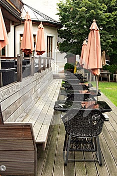 Outdoor courtyard of resort on the shore of Lake St. Wolfgang, Austria