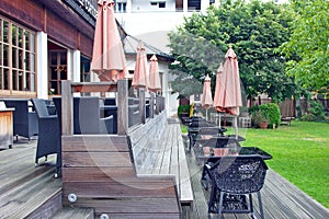 Outdoor courtyard of resort on the shore of Lake St. Wolfgang, Austria