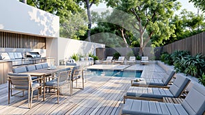 Outdoor Deck With Chairs and Table Adjacent to a Swimming Pool